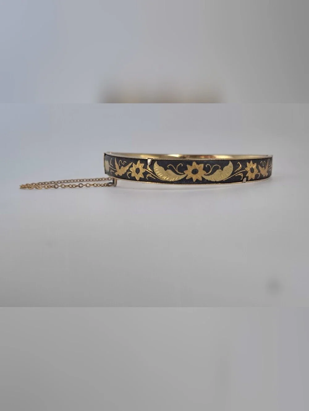 Toledo Damascene Gold-Tone Bangle Bracelet with Safety Chain